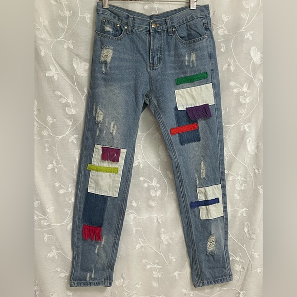 Upcycled Denim Jeans Boho Fabric Fringe Embellishments Distressed Sz M EUC - Picture 1 of 9